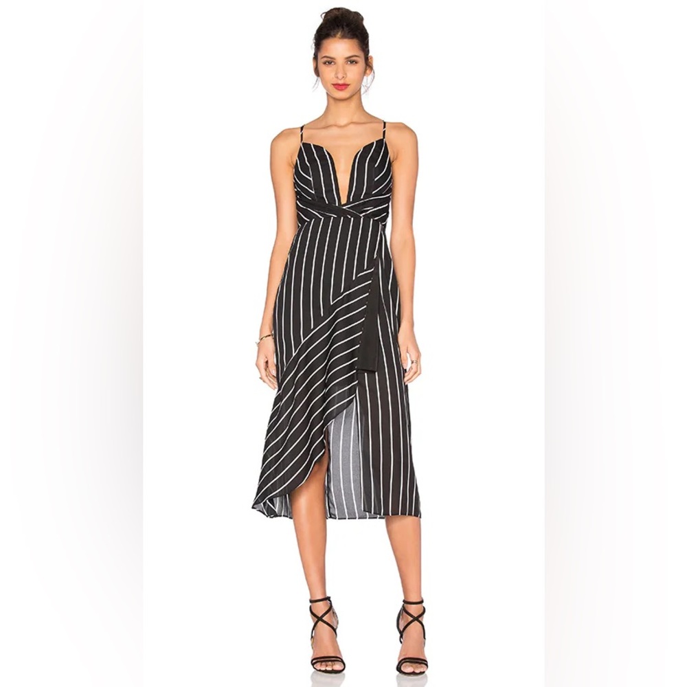Shona Joy Isabelle Asymmetric Cocktail Dress in Black & White Stripe